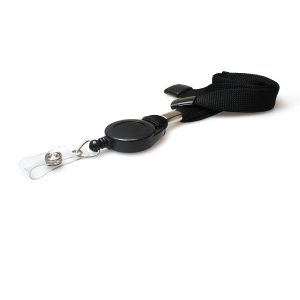 Picture of Black 16 mm tubular breakaway lanyards with attached yoyo card reel and strap. 60270631