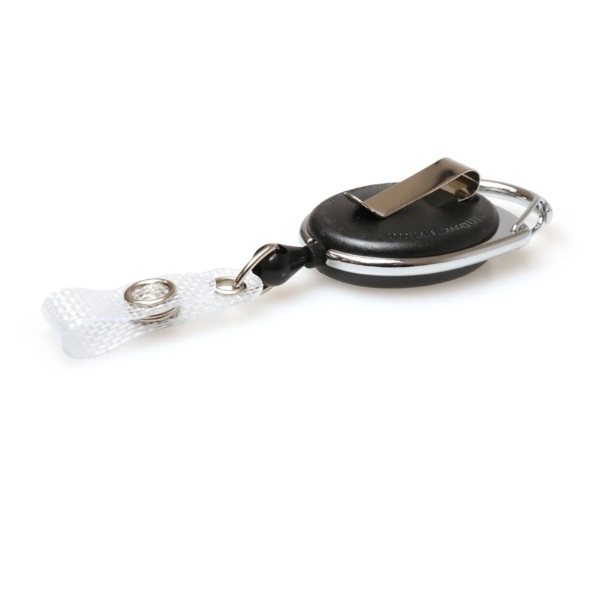 Picture of Black carabiner ID badge reel with belt clip and with reinforced strap and Recess. 60270901