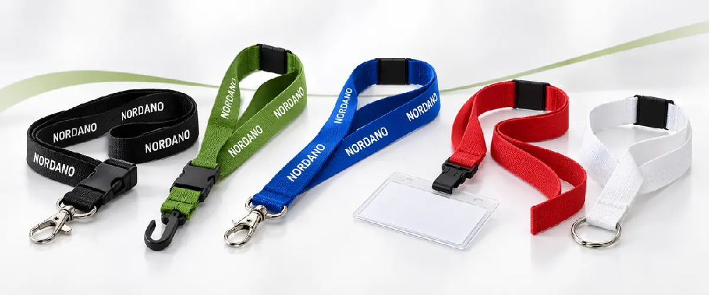 Lanyards, keyhangere og halssnore med NORDANO-tryk og forskellige beslag